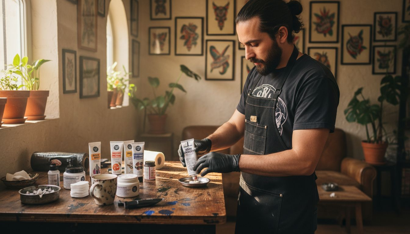 Dans son atelier, le tatoueur prépare soigneusement les crèmes anesthésiantes avant de commencer une nouvelle séance.