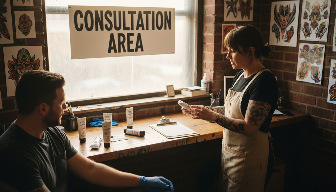 Tattoo artist discussing numbing creams