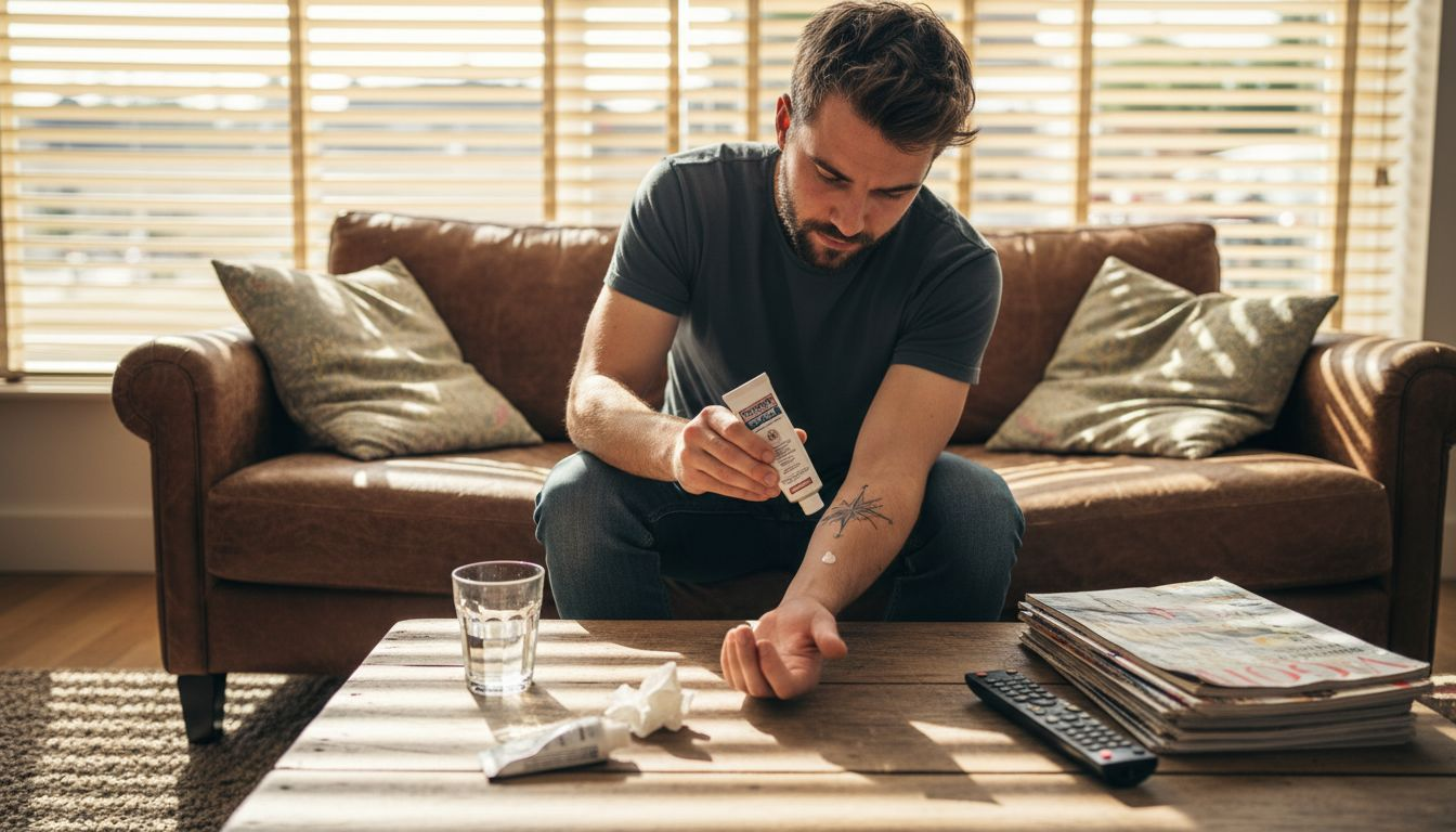 Man verzorgt zijn nieuwe tatoeage thuis