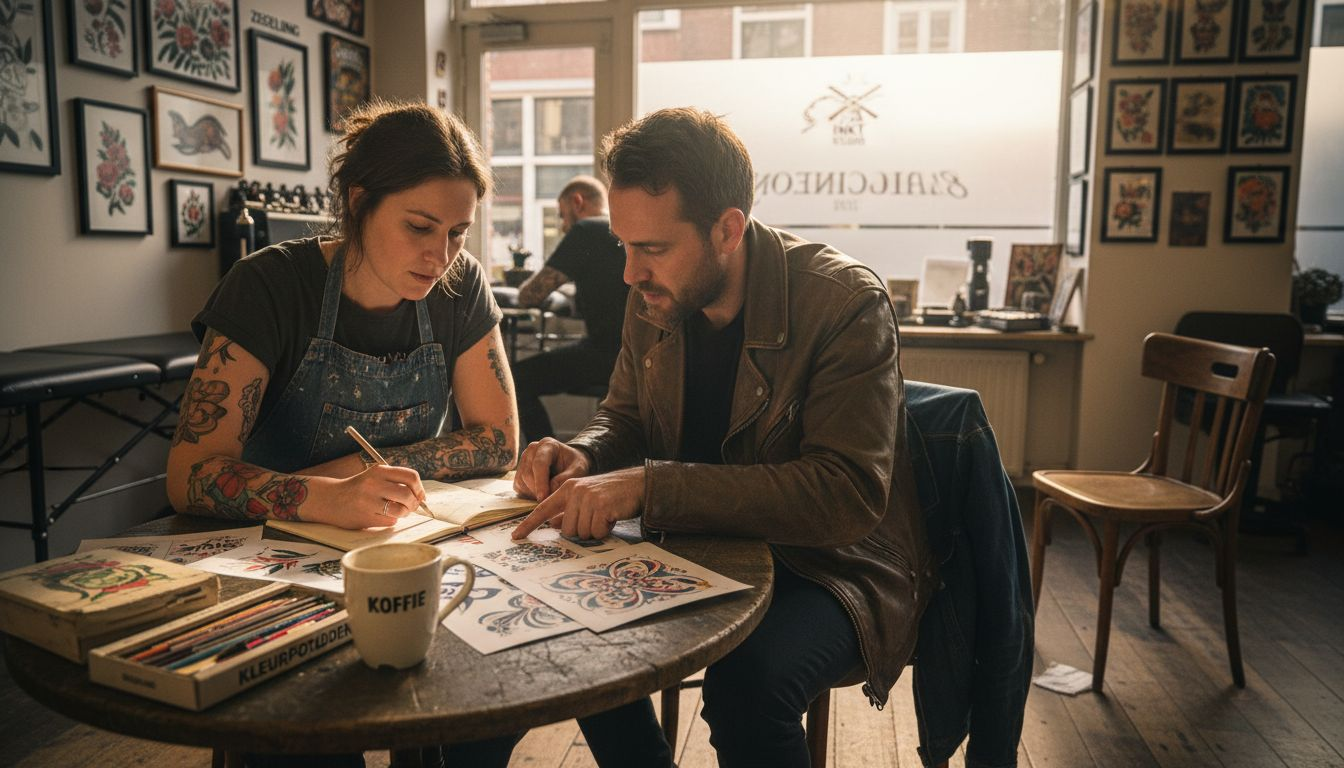 Een tatoeëerder en klant overleggen samen over het ontwerp.