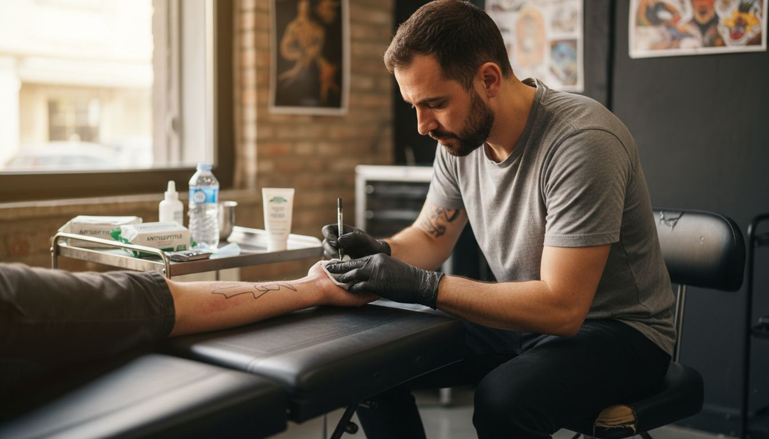 Avant chaque séance, le tatoueur prend soin de préparer la peau du client pour garantir un résultat optimal.