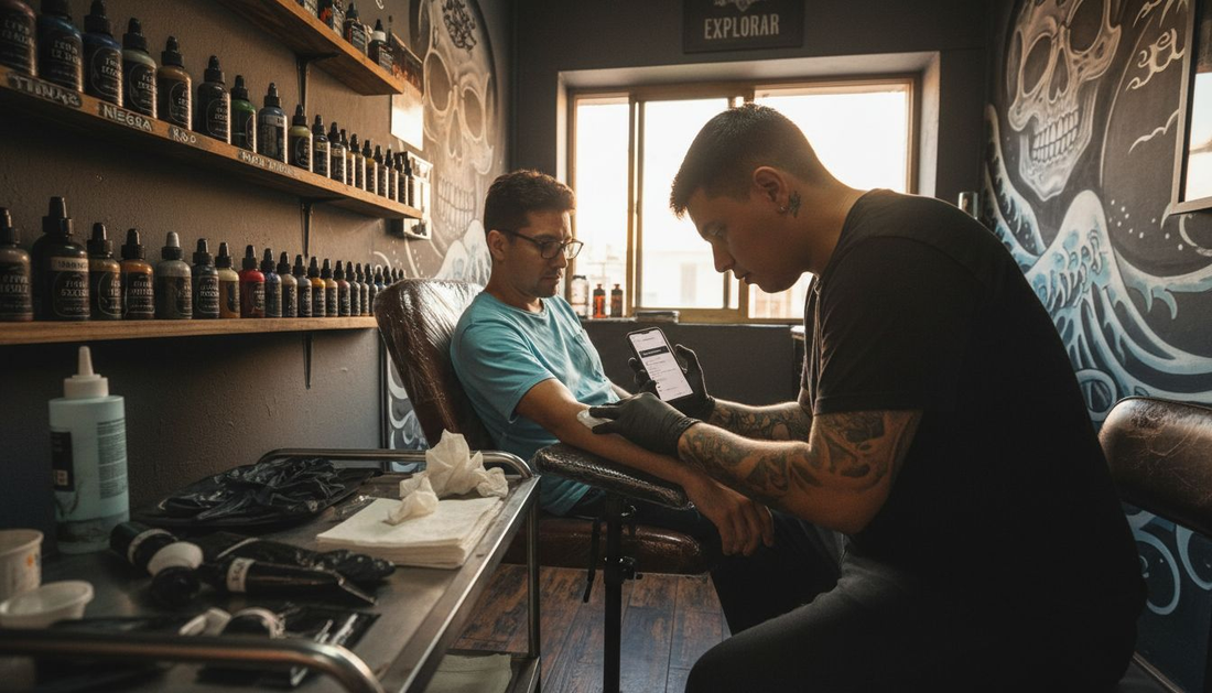 El tatuador aplica crema anestésica al cliente antes de comenzar la sesión en la cabina.