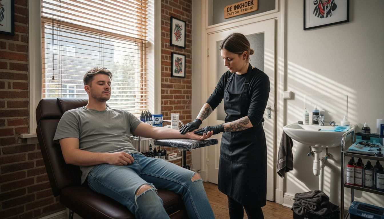 In de tattoostudio brengt de tatoeëerder een verdovende crème aan.