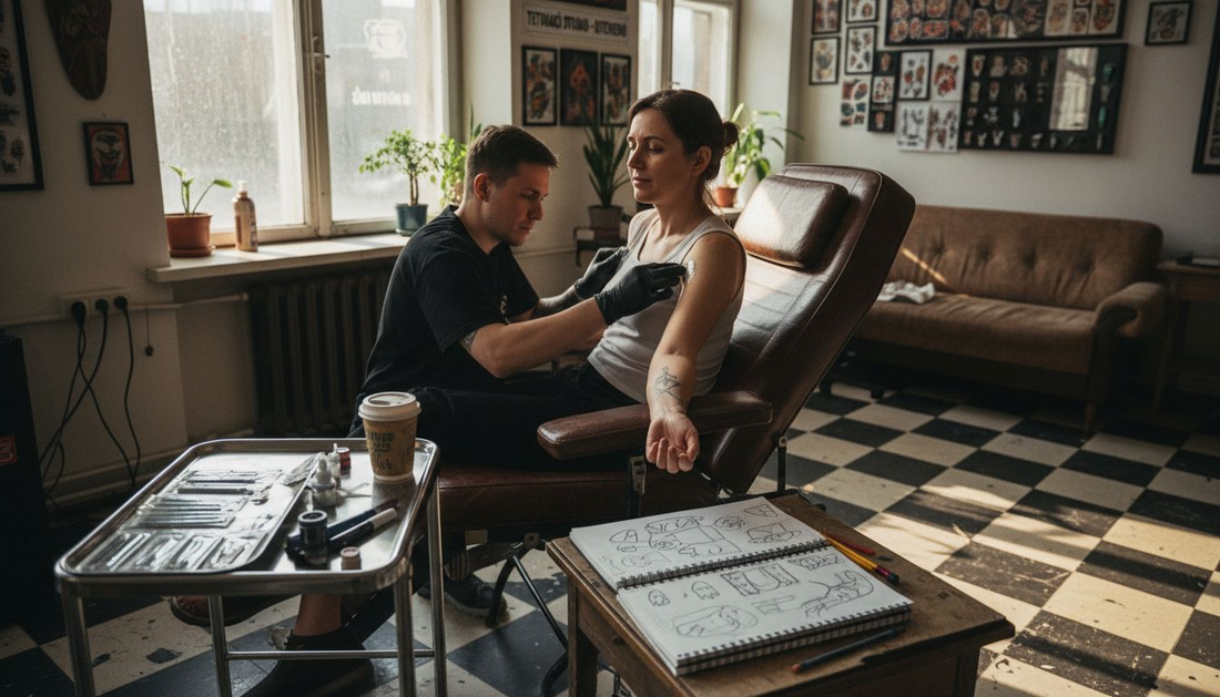 Tatér nanáší klientovi znecitlivující krém, aby mu zmírnil bolest před tetováním.