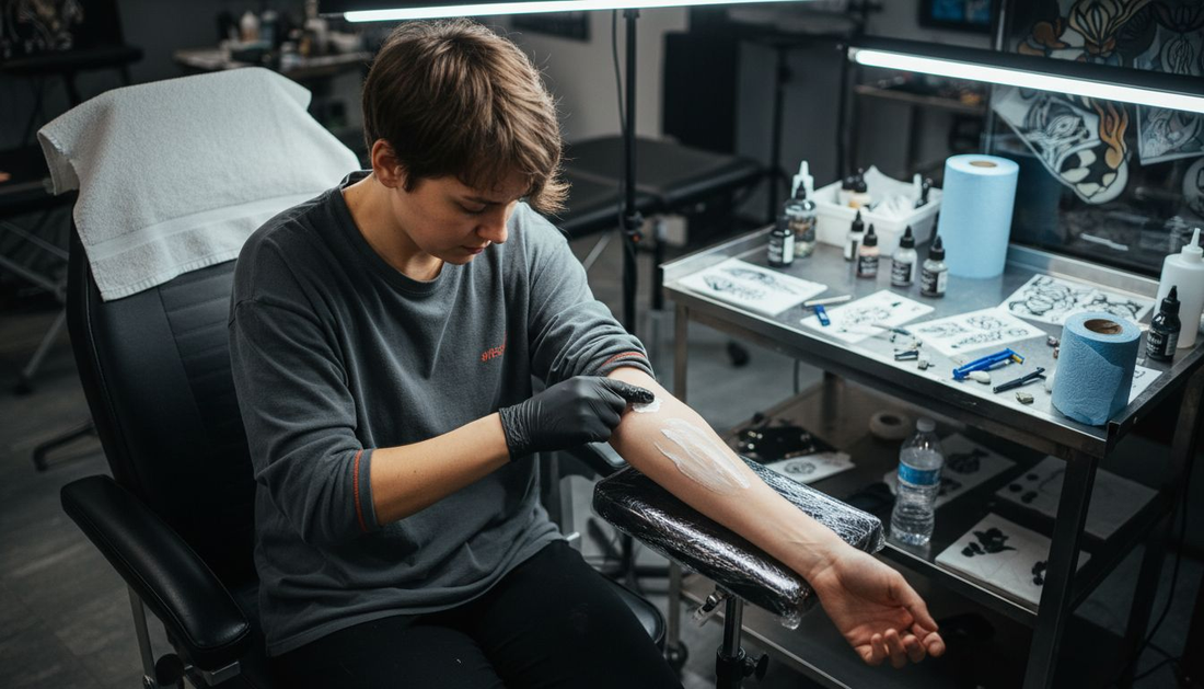 Tattoo client applying numbing cream