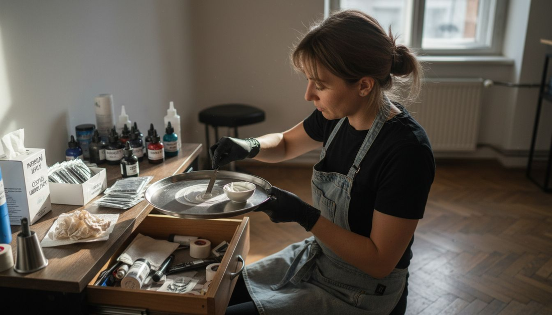 Tatér si připravuje znecitlivující krém před začátkem tetování.