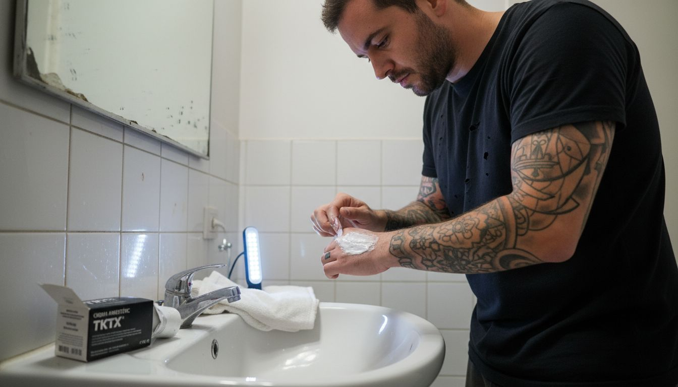 Un hombre se prepara para tatuarse aplicándose una crema anestésica en la piel.