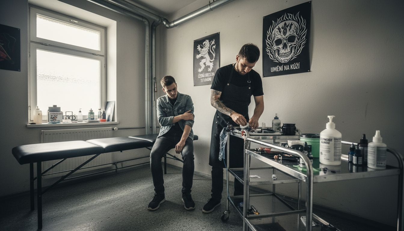 Zákazník se připravuje na tetování v útulném studiu.