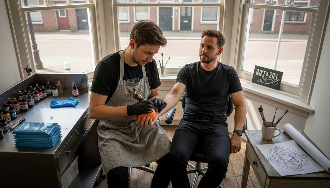 Een tatoeëerder maakt een klant klaar voor een nieuwe sessie. De huid wordt zorgvuldig gereinigd, het ontwerp wordt besproken en alles wordt klaargezet om veilig en comfortabel te kunnen beginnen.