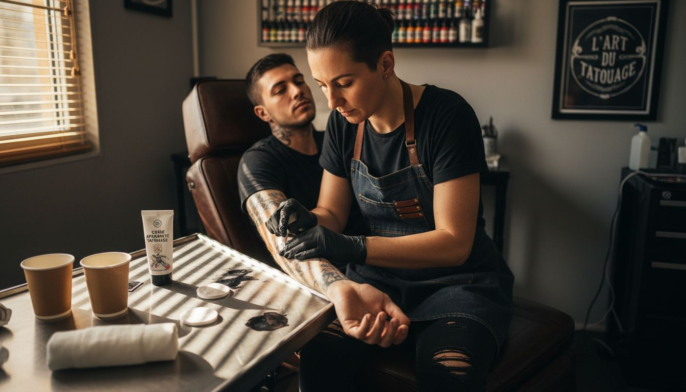 Le tatoueur applique une crème sur l’avant-bras du client pour apaiser la peau après la séance.