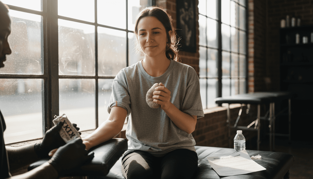Woman receiving pain relief during tattoo session