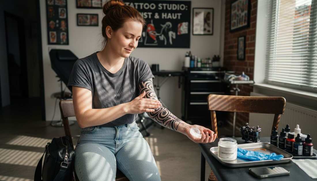 Eine Person bereitet die Haut im Tattoo-Studio sorgfältig auf das Stechen vor.