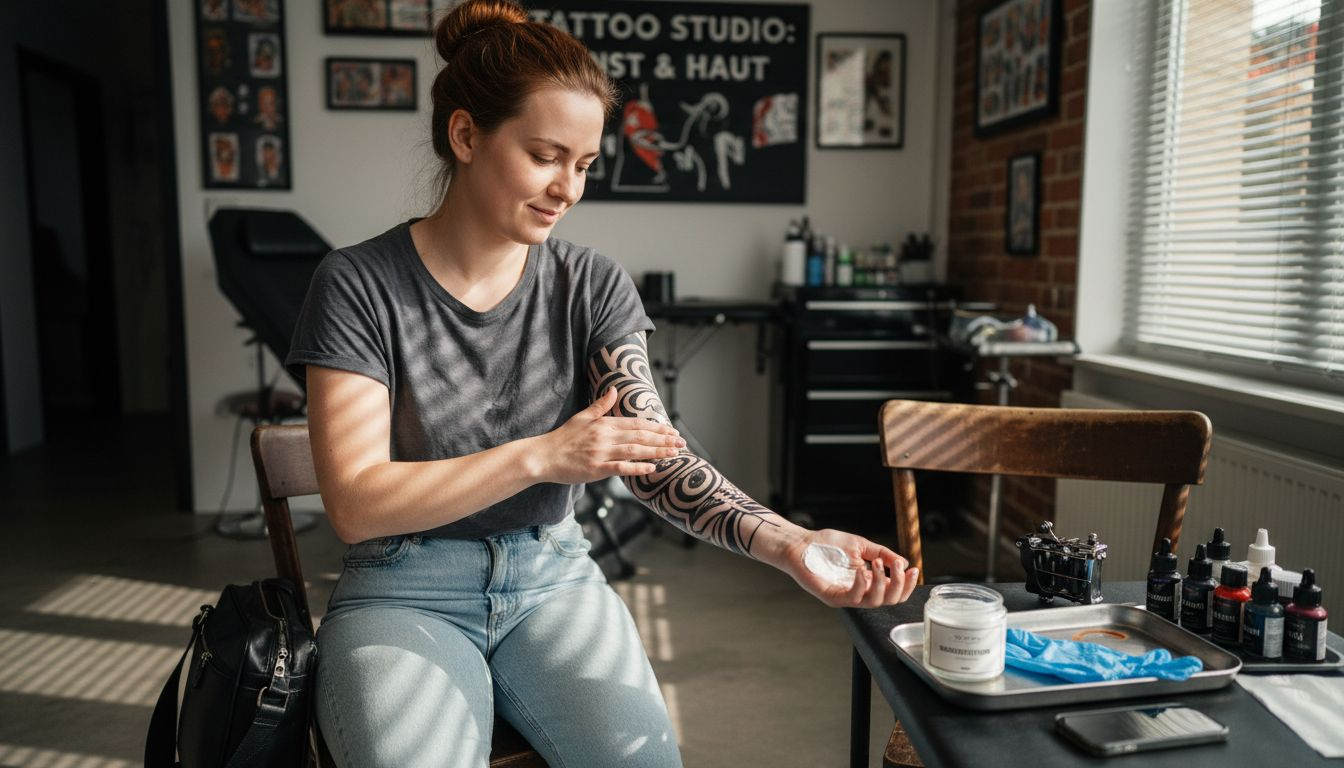 Eine Person bereitet die Haut im Tattoo-Studio sorgfältig auf das Stechen vor.