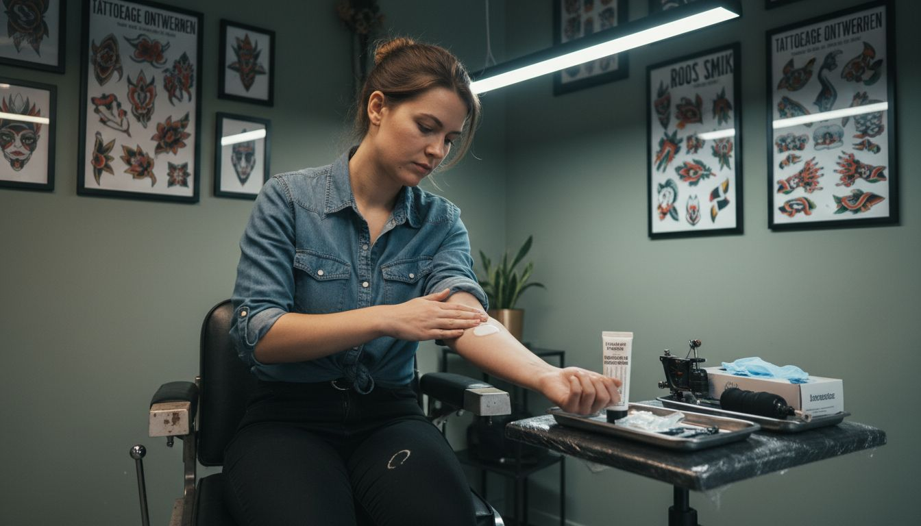 Een vrouw brengt verdovende crème aan op haar huid voordat ze een tatoeage laat zetten.