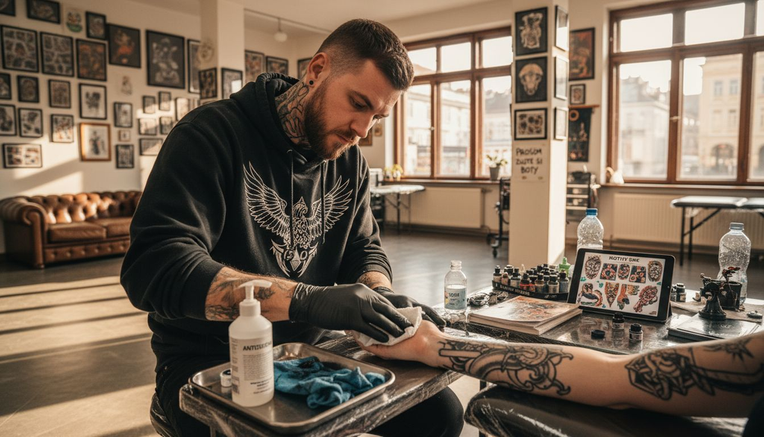 Tatér pečlivě očisťuje předloktí svého klienta před začátkem tetování.