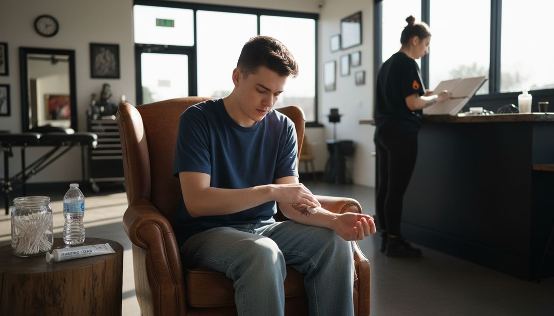 Client applies numbing cream before tattoo