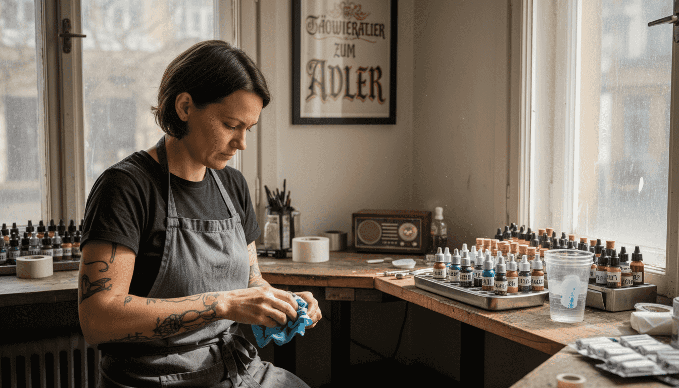 Ein Tätowierer sorgt für Sauberkeit am Arbeitsplatz und reinigt sein Studio gründlich.