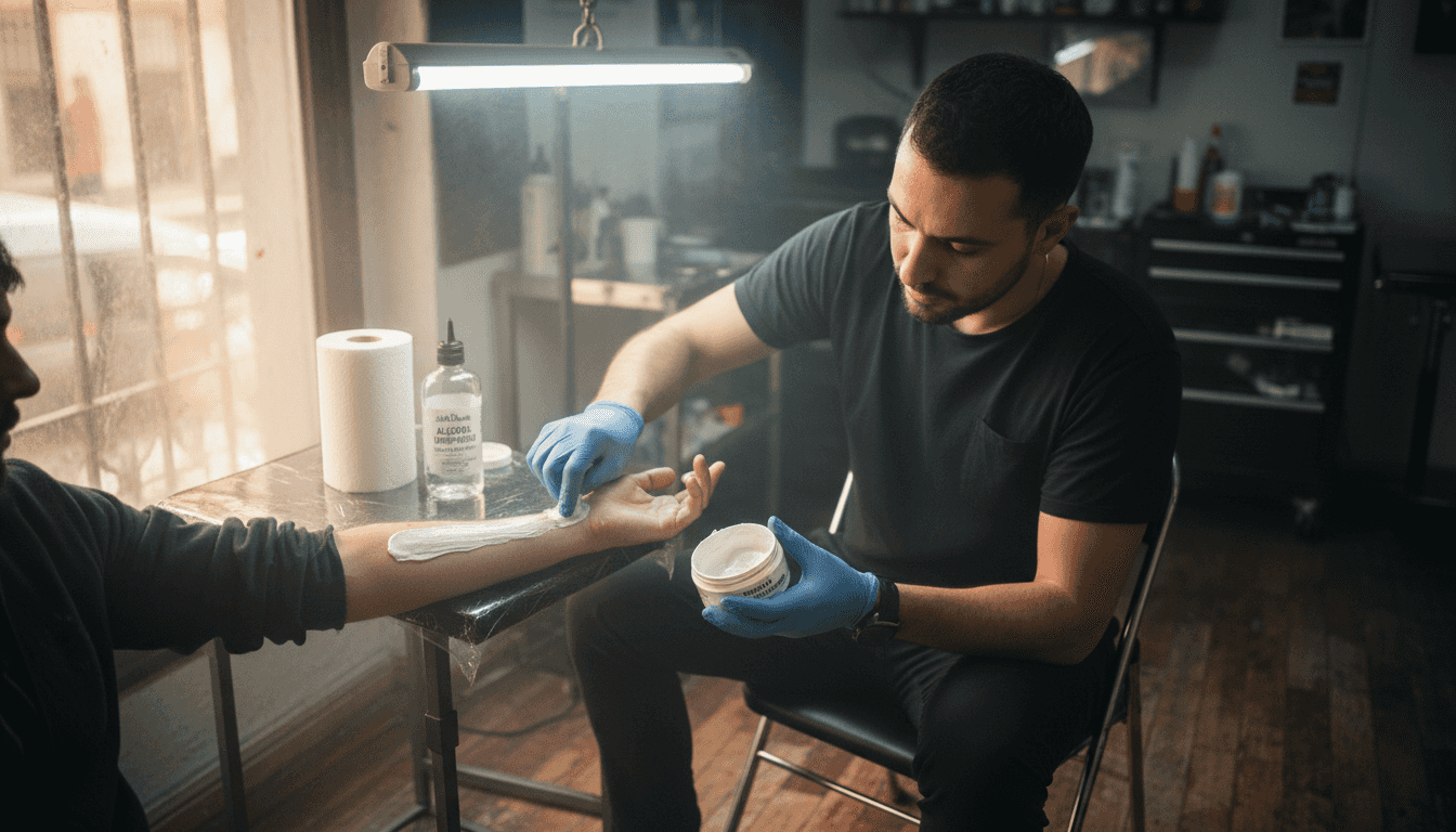 El tatuador aplica crema anestésica sobre la piel antes de comenzar el diseño.