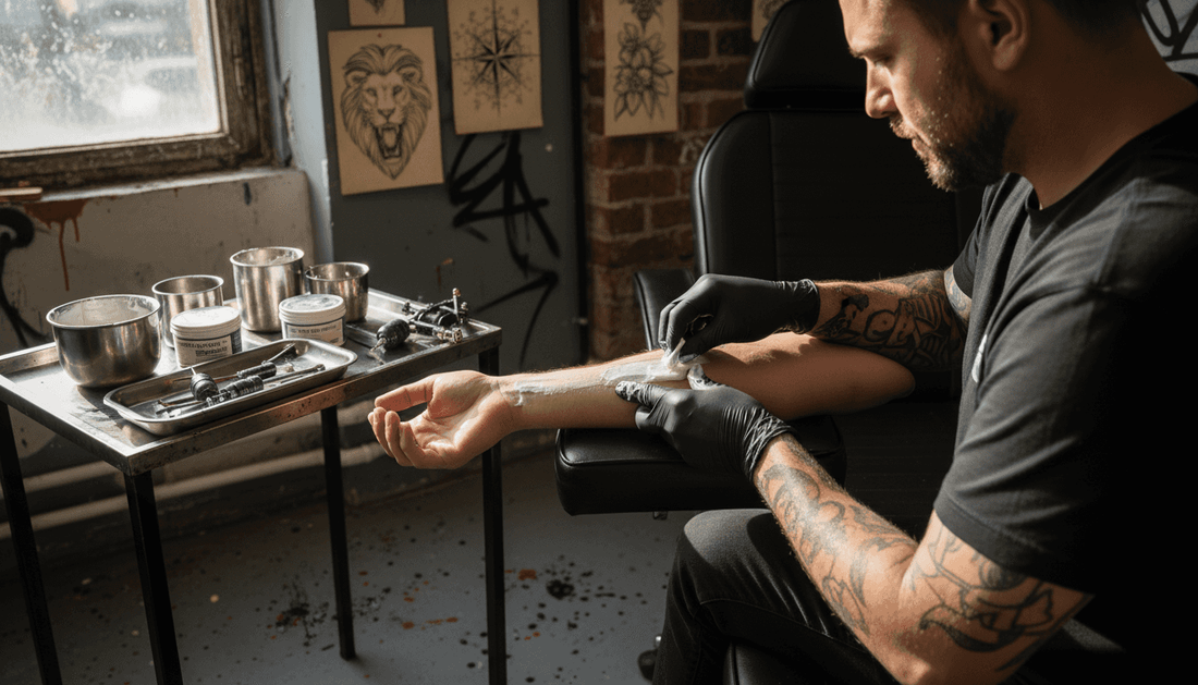 Le tatoueur applique une crème anesthésiante sur le bras de son client avant de commencer le tatouage.
