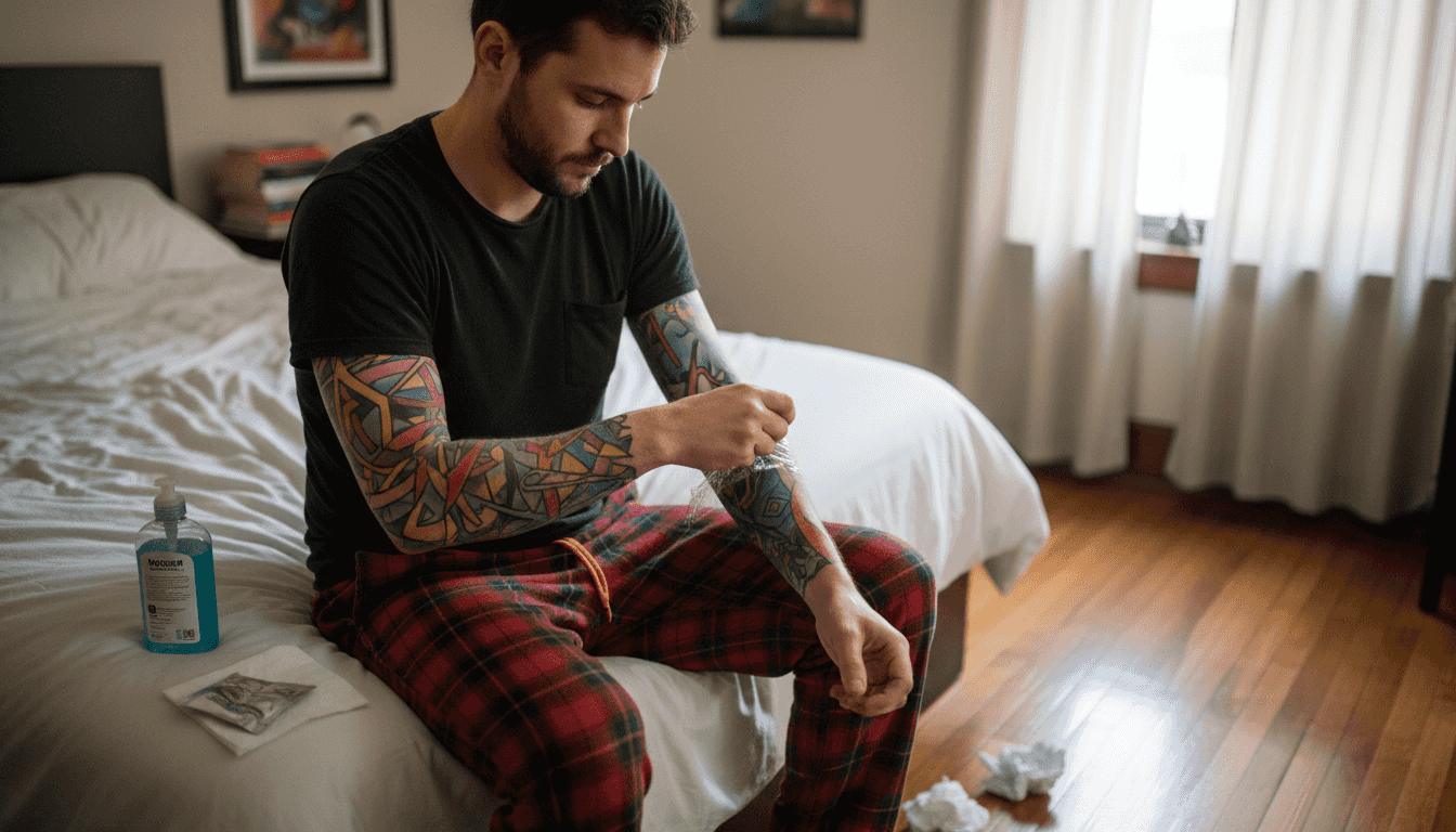 Tattooed man beginning aftercare routine