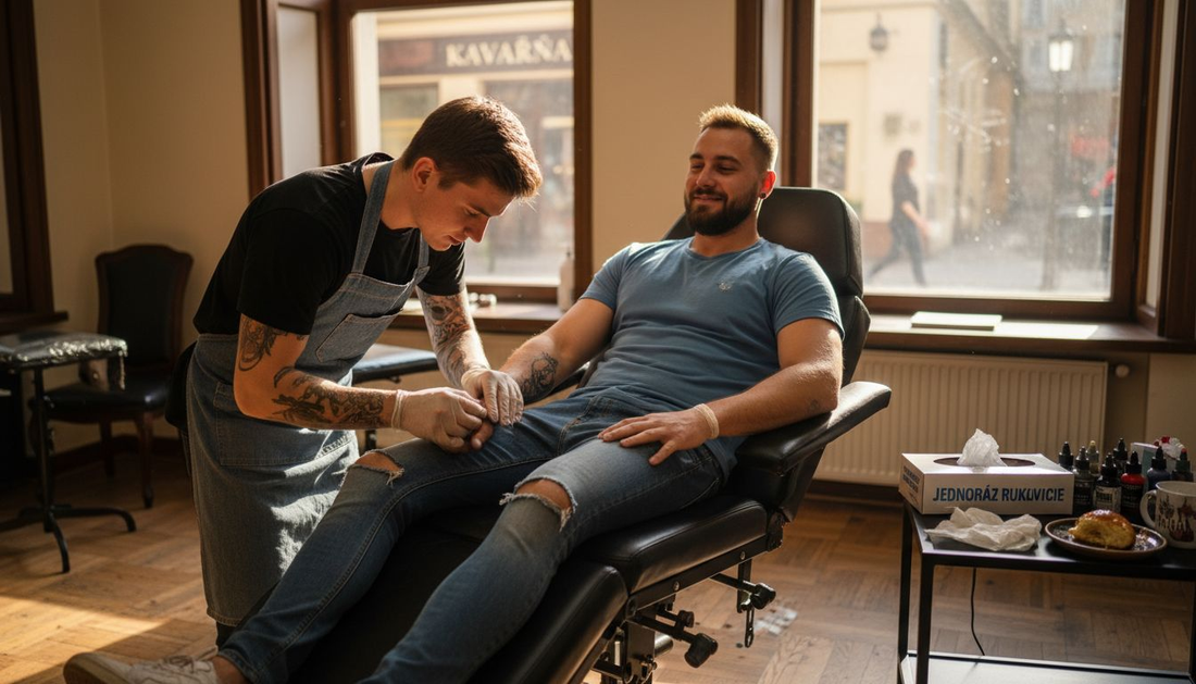 Tatér přikládá šablonu na uvolněnou pokožku klienta.