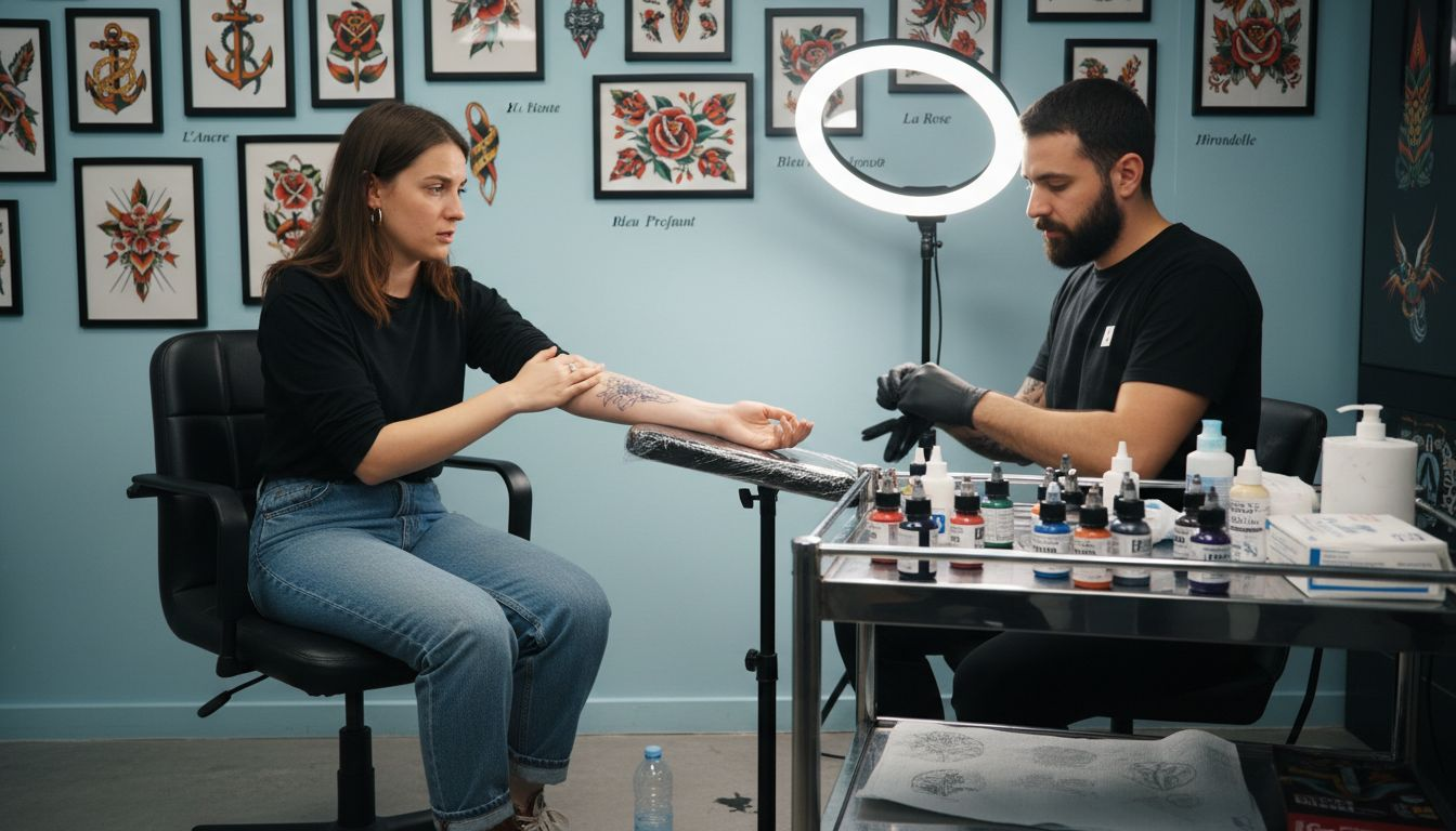 Un client échange avec son tatoueur dans l’atelier pour discuter de son futur tatouage.