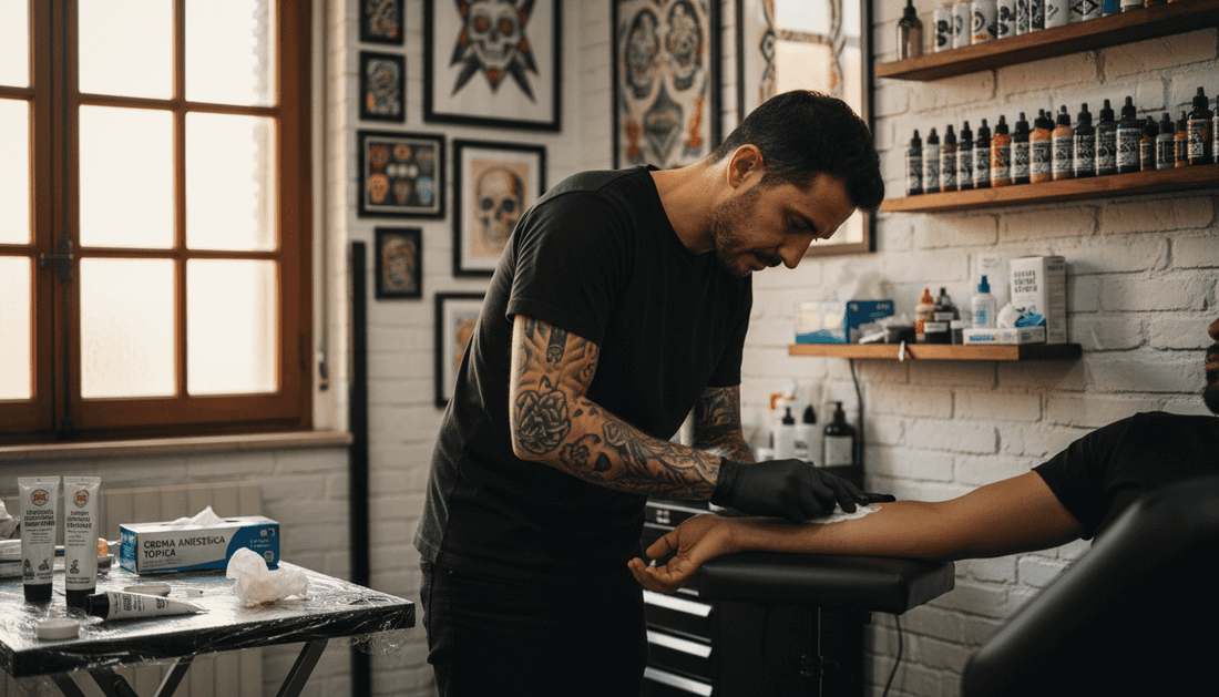 El tatuador prepara la piel aplicando crema anestésica antes de comenzar el diseño en el estudio.