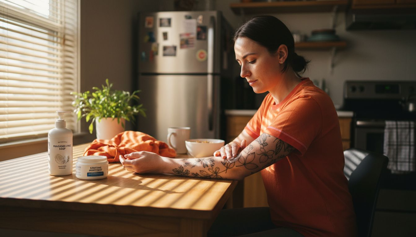 Woman applying aftercare to fresh tattoo at home