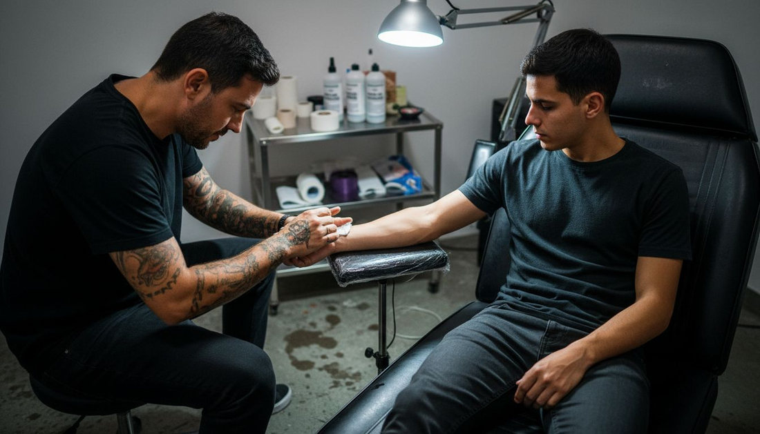 El tatuador está aplicando crema sobre el brazo del cliente para cuidar la piel recién tatuada.
