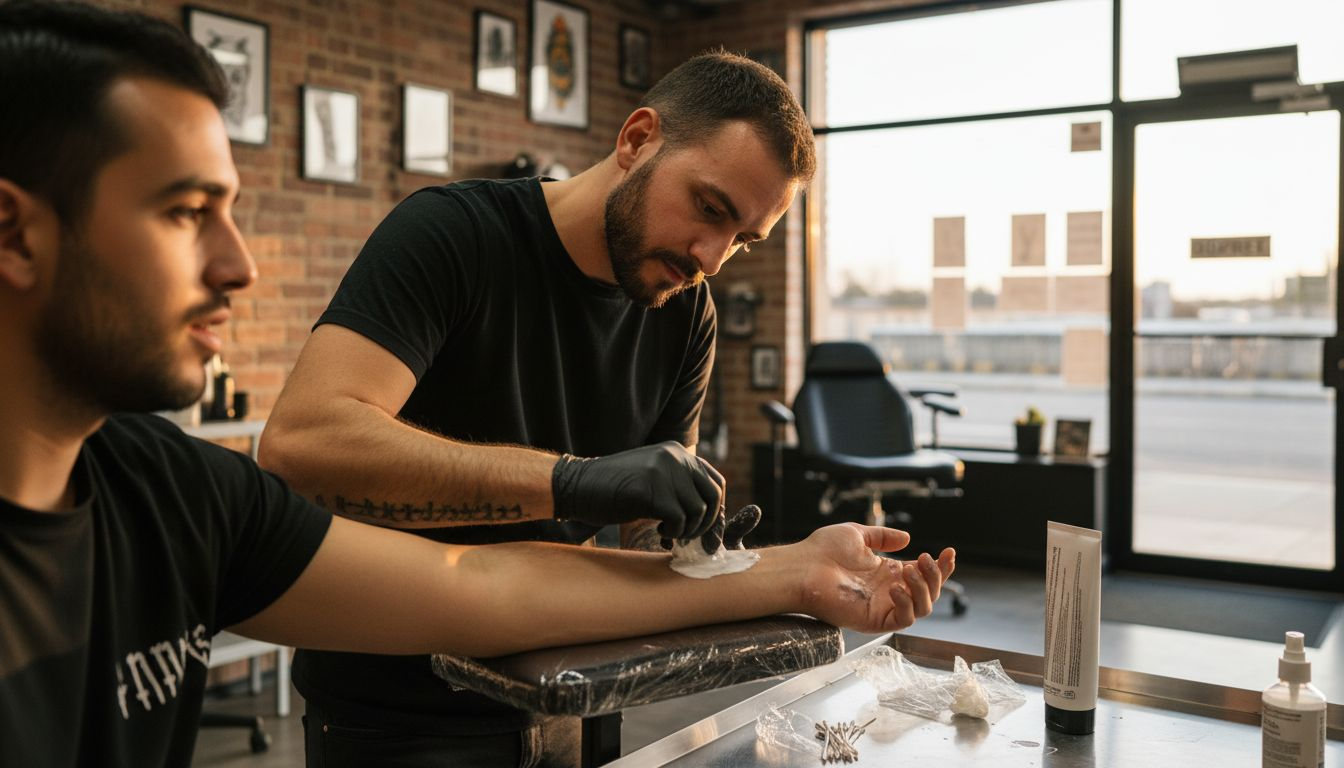 Le tatoueur applique une crème anesthésiante sur le bras de son client avant de commencer le tatouage.