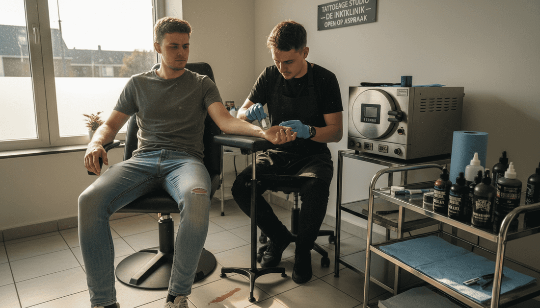 De tatoeëerder brengt in de studio verdovende crème aan voordat hij begint met tatoeëren.
