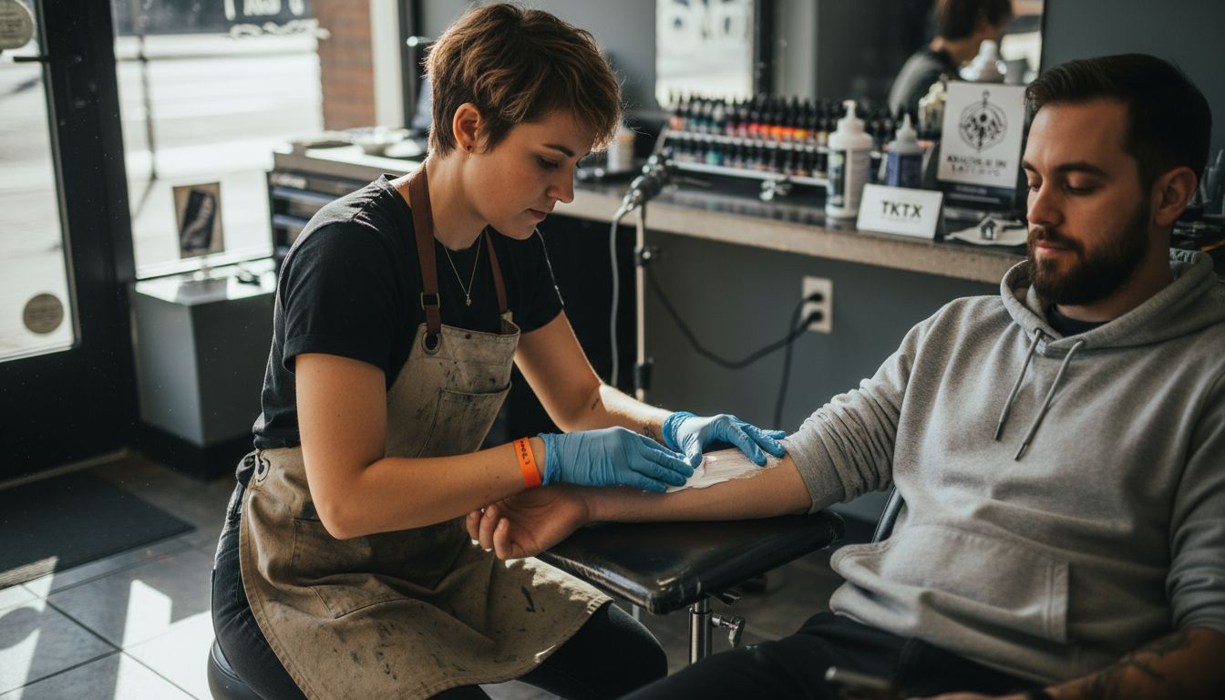 Tattoo artist applying numbing cream to client