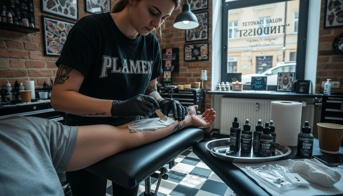 Tatér nanáší znecitlivující krém na kůži před tetováním.