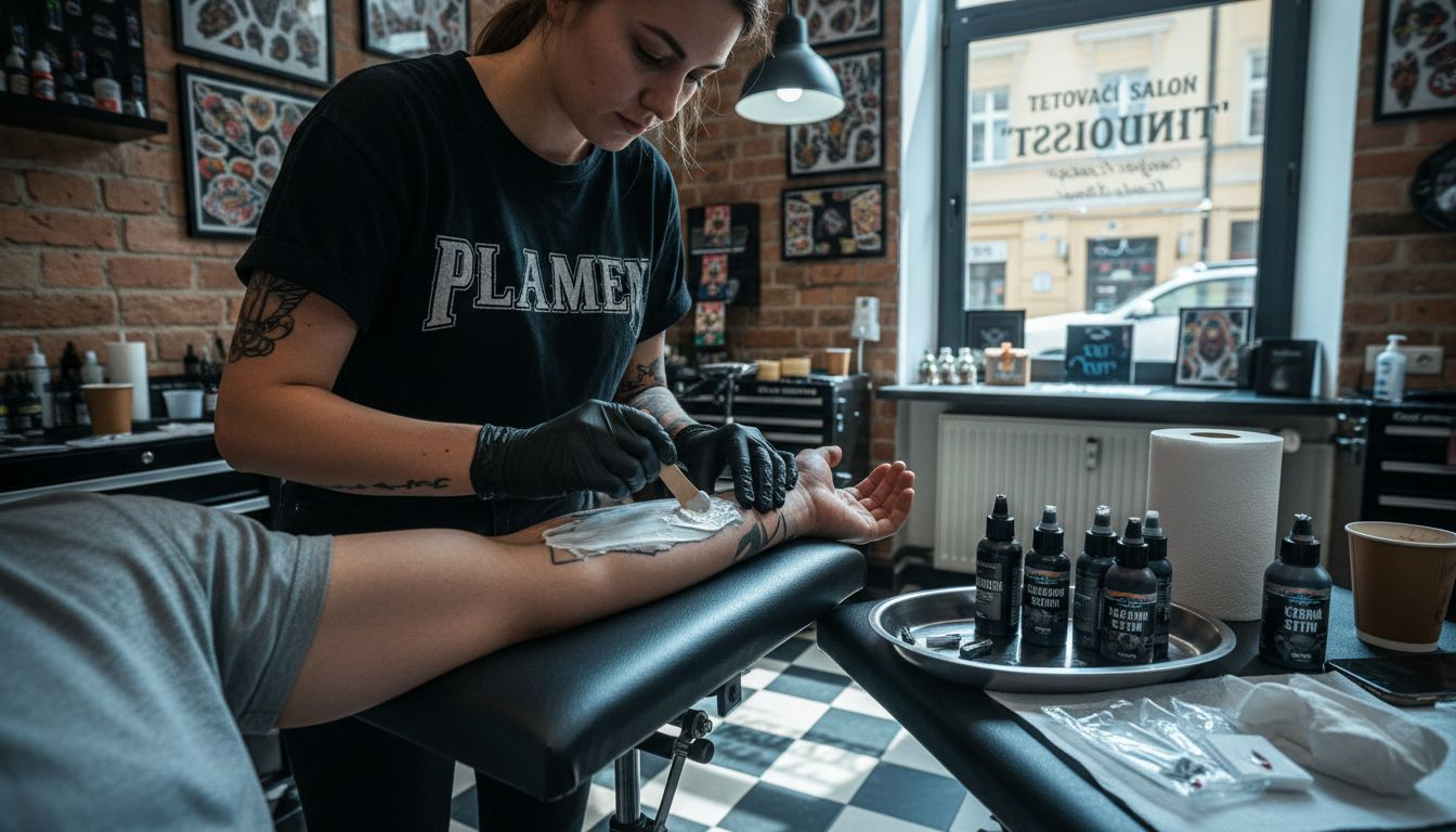 Tatér nanáší znecitlivující krém na kůži před tetováním.