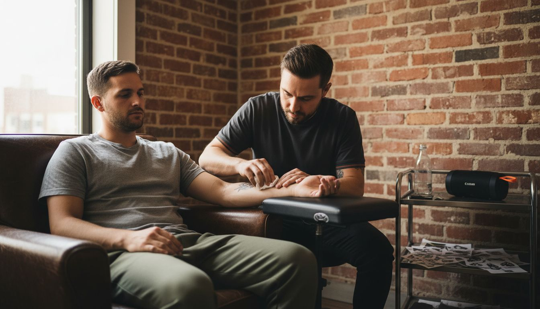 Tattoo artist making client comfortable in studio