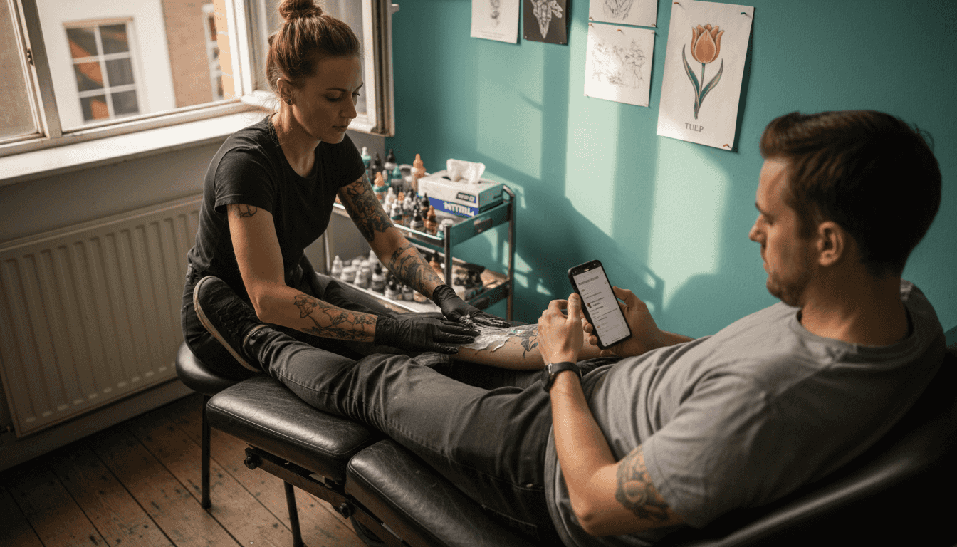 Een tatoeëerder brengt verdovende crème aan voordat hij begint met het zetten van een tattoo in de studio.