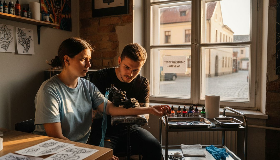 Tatér právě vytváří tetování na předloktí.