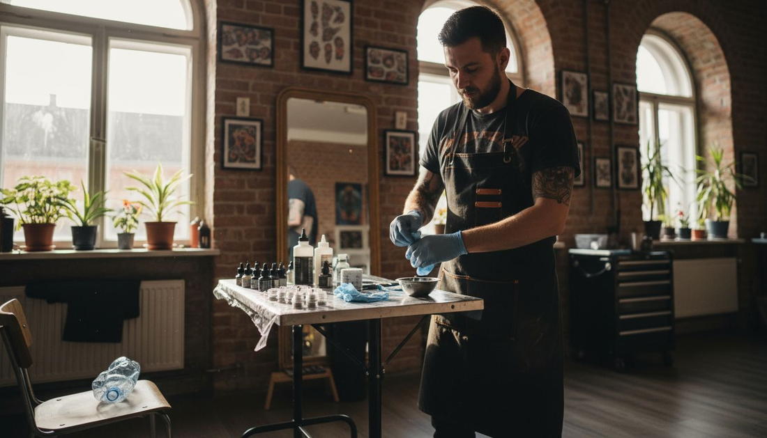 Tattoo artist prepping pain management supplies