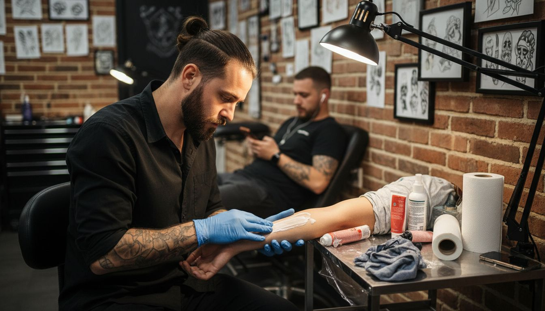 El tatuador aplica una crema anestésica en la piel antes de comenzar el tatuaje para reducir las molestias.