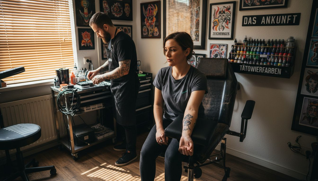 Ein Kunde wartet gespannt auf seinen Tattoo-Termin im kleinen Studio.