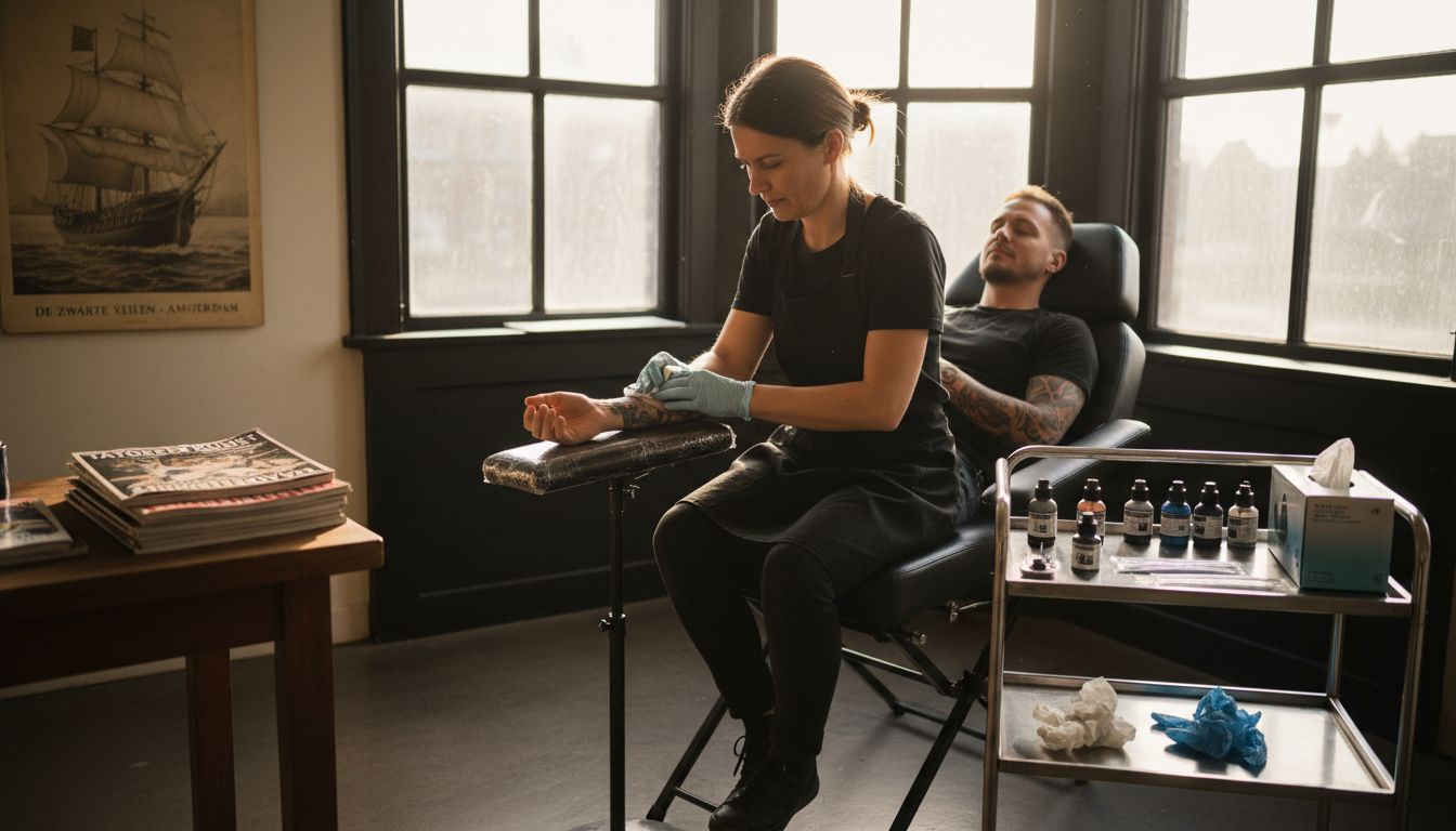 De tatoeëerder maakt zijn ontspannen klant klaar voor de sessie.