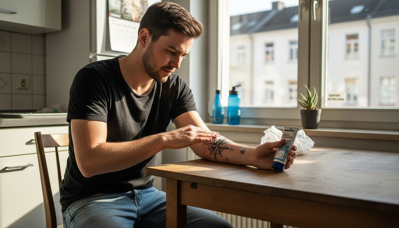 Ein Mann trägt pflegende Creme auf sein frisch gestochenes Tattoo auf, um die Heilung zu unterstützen.