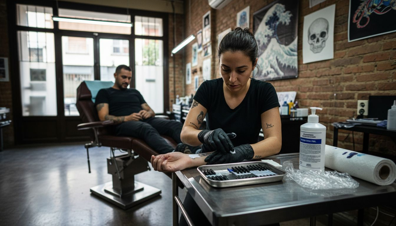 El tatuador está aplicando crema anestésica en el brazo antes de empezar el tatuaje.