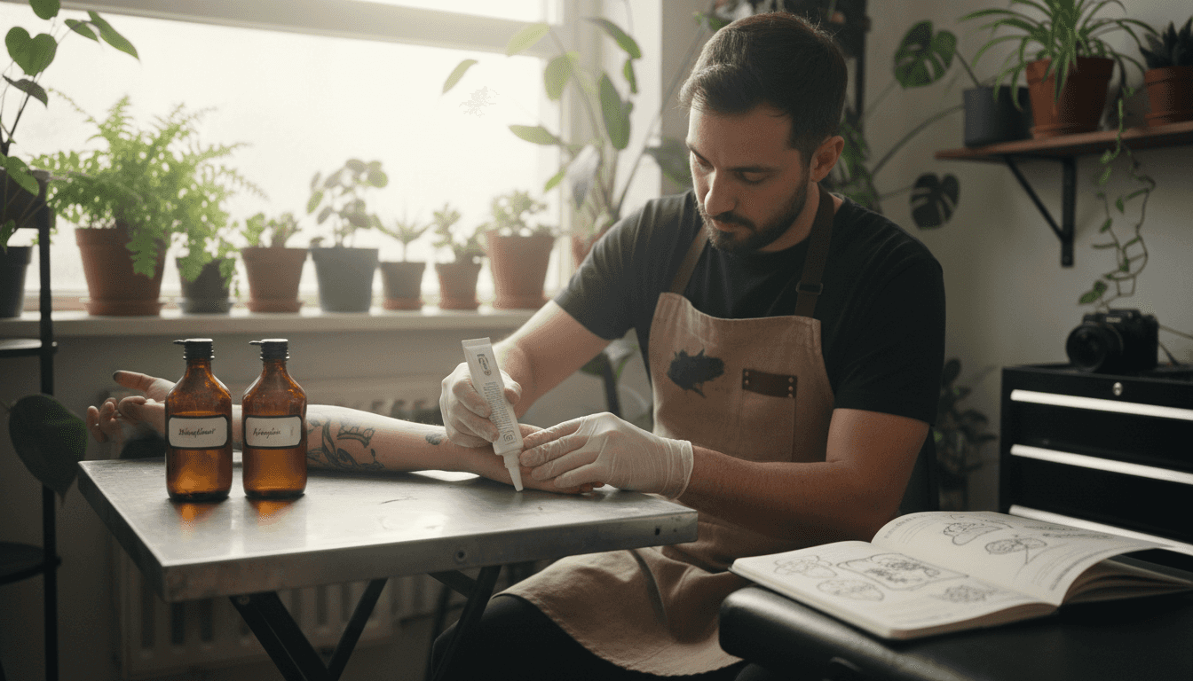 Un tatoueur prépare la peau en appliquant un anesthésiant avant de réaliser un tatouage d’inspiration européenne.