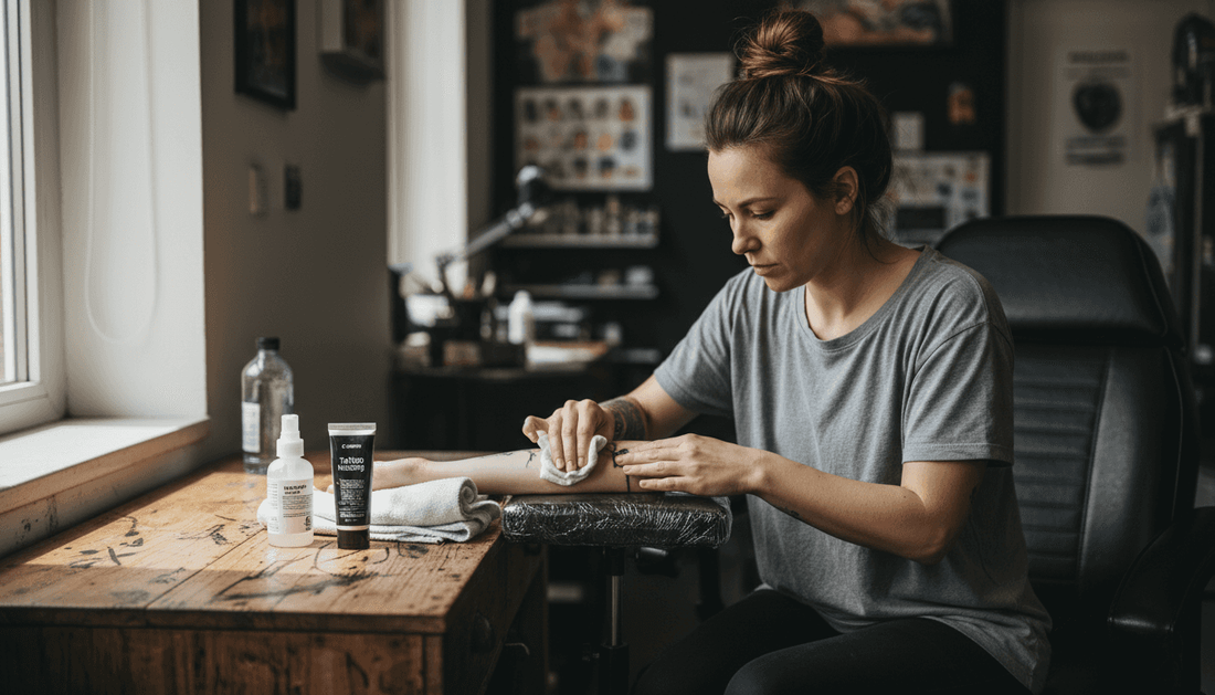Vrouw maakt haar huid klaar voor een bezoek aan de tattooshop