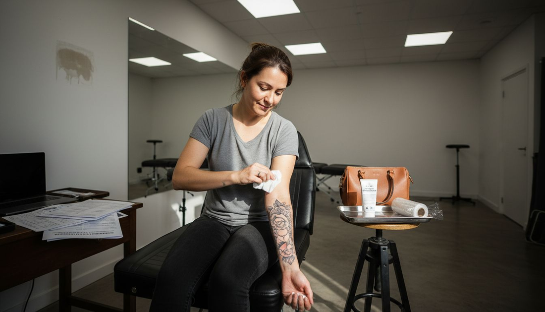 Cliente de tatuajes limpiándose el antebrazo antes de aplicar la crema anestésica