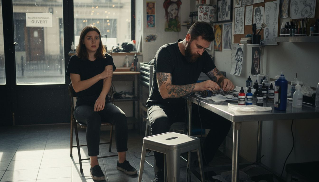 Une tatoueuse rassure une jeune femme nerveuse avant son tout premier tatouage.