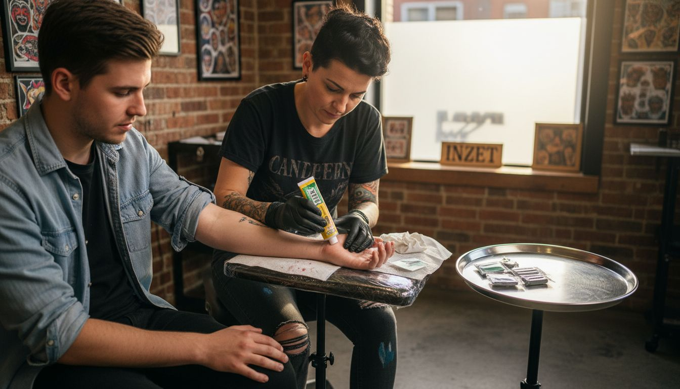 Een tatoeëerder brengt verdovende crème aan op een onderarm voordat hij begint met tatoeëren.