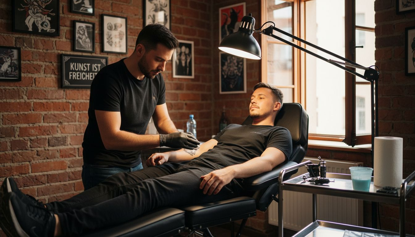 Ein Tätowierer trägt im Studio eine betäubende Creme auf, um das Schmerzempfinden beim Tätowieren zu verringern.