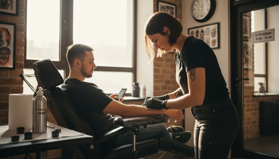 Tatér nanáší znecitlivující krém na pokožku před samotným tetováním.